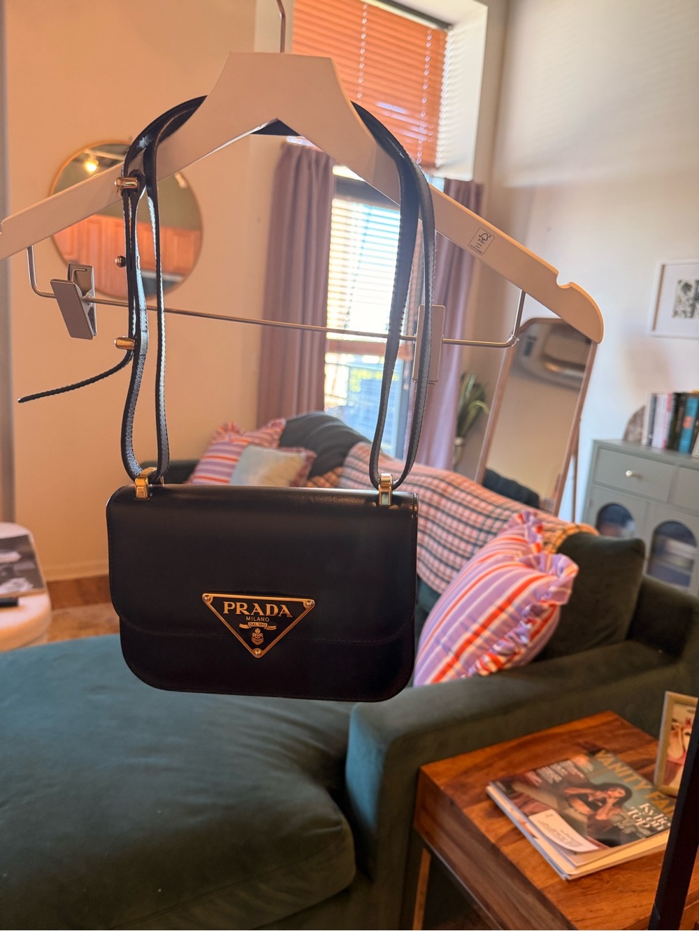 Prada Black Leather Shoulder Bag with Gold Logo